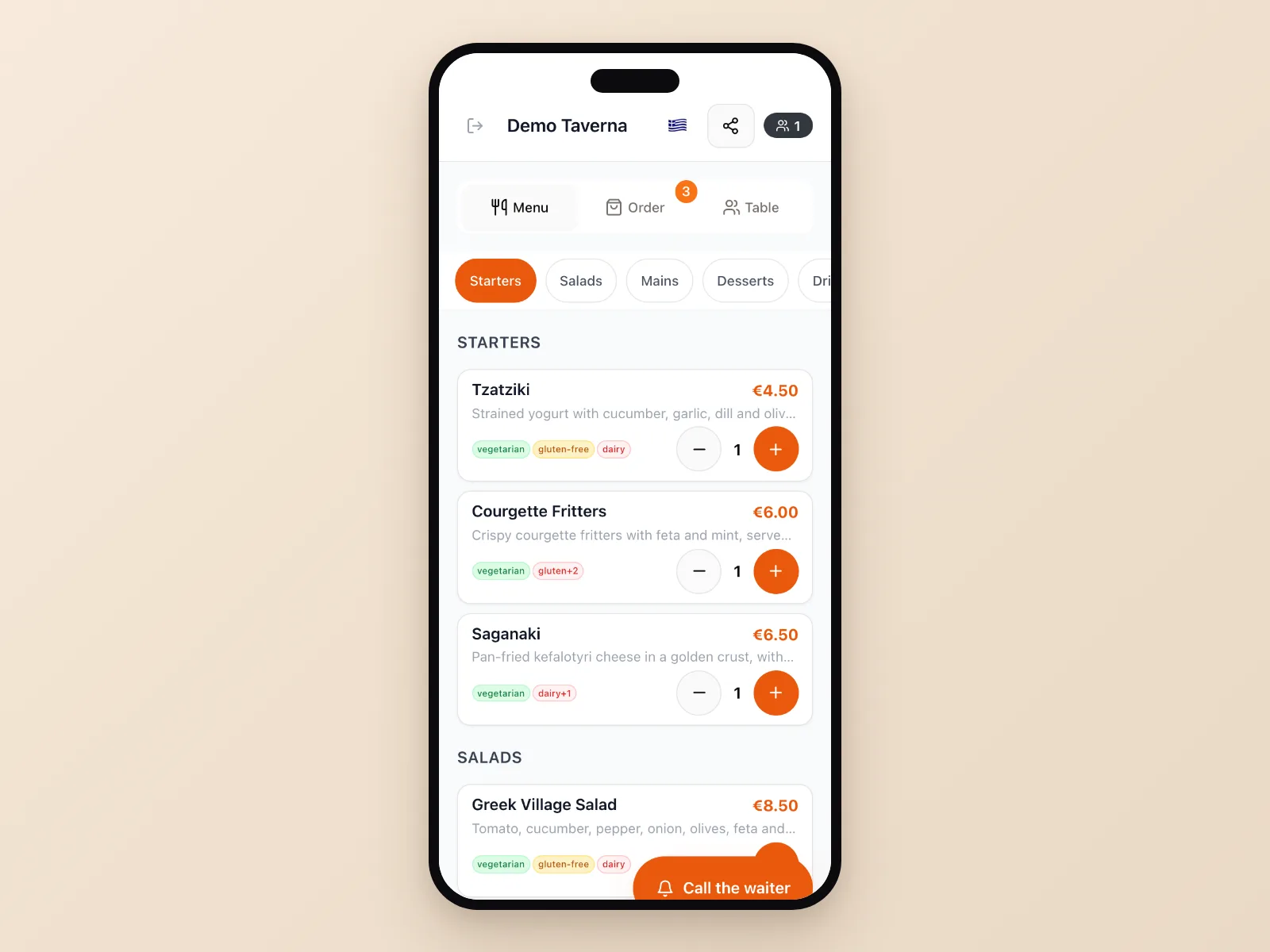 A diner ordering from a live restaurant menu on their phone through Zvelto