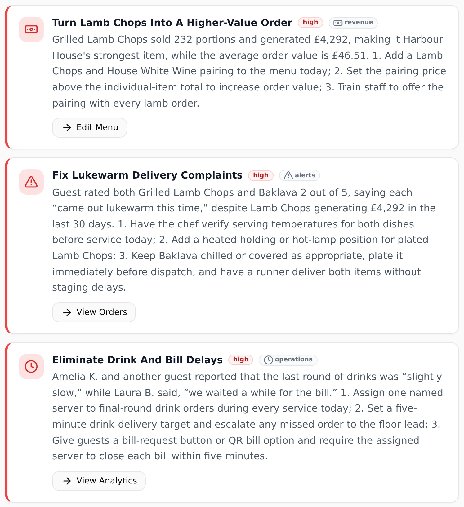 Real AI insight cards with one-tap actions: pair the top seller with a drink, fix lukewarm delivery complaints, speed up drink and bill service — amounts in pounds